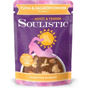 Soulistic Moist and Tender, Tuna and Salmon Dinner in Gravy, 3oz Pouch, Pack of 8 (EXP 11/21/27)