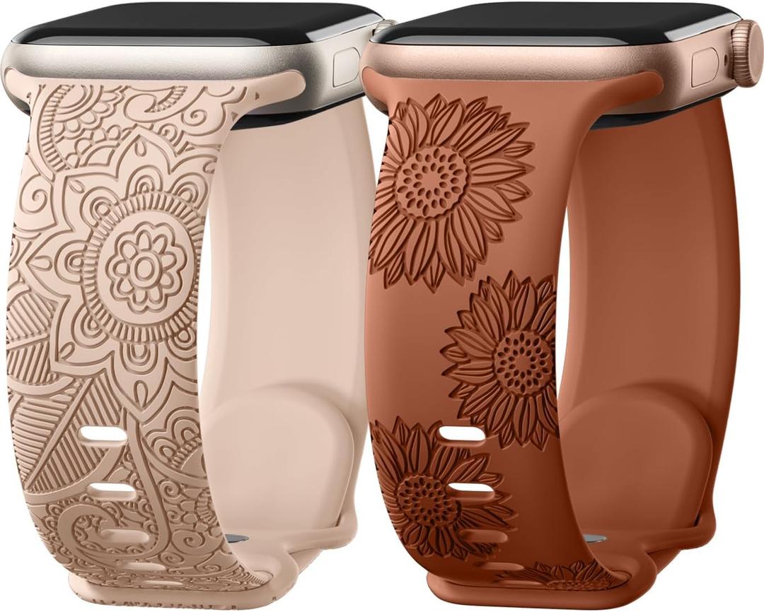 Odbeai Floral Engraved Band Compatible with Apple Watch Bands for Women 44mm 45mm 46mm 49mm,Soft Silicone Cute Sport Strap for iWatch Bands Women Series 11 10 9-1 SE Ultra1/2/3