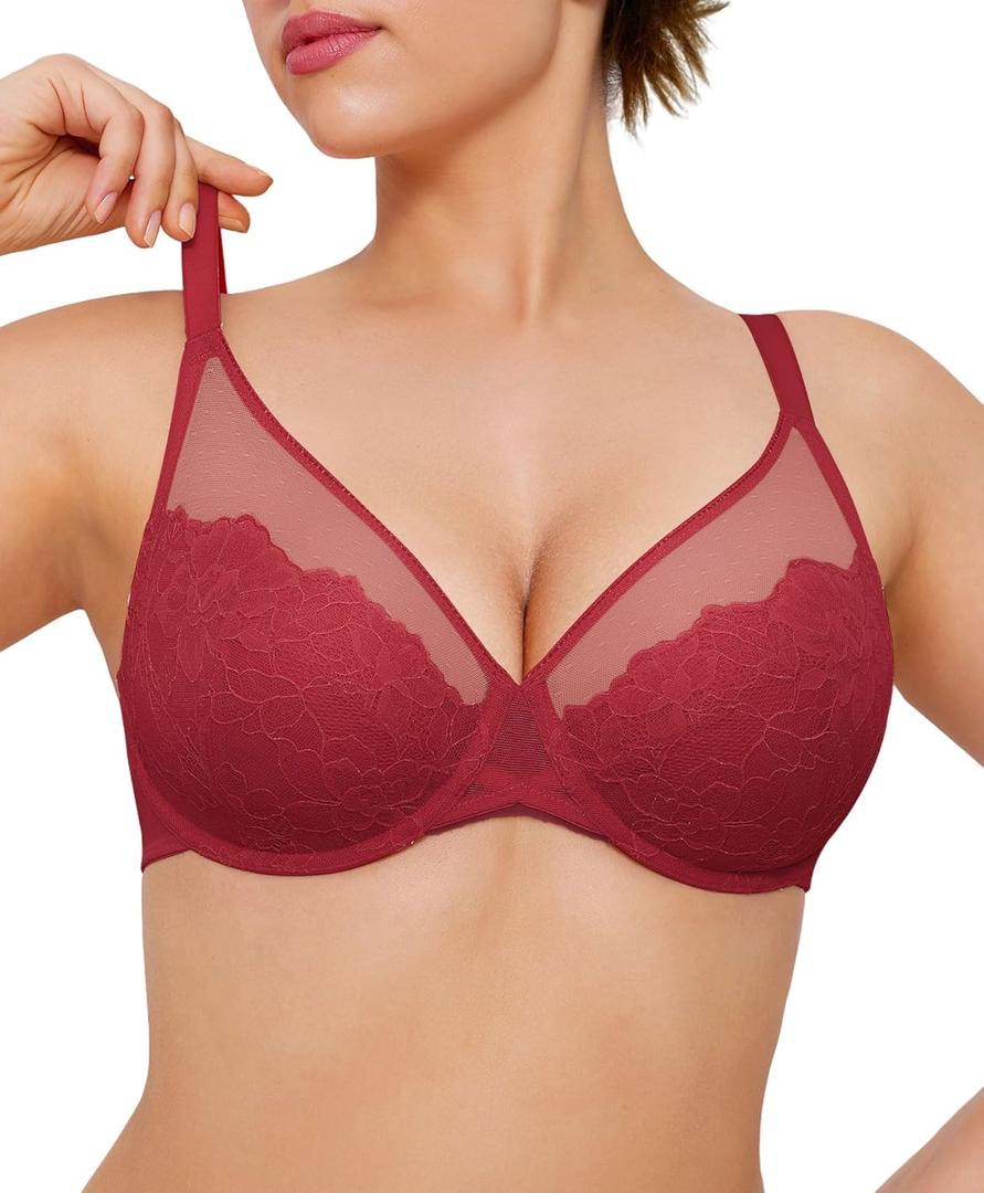 Popilush Minimizer Bras for Women Plus Size Full Coverage Lace Underwire Support Push Up Bra for Heavy Breast Everyday Wear (38DDD, Red Lacquer)