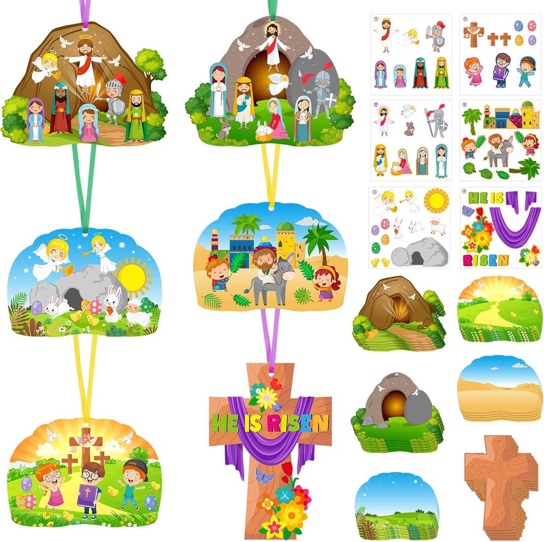 Funrous 48 Pack Easter Religious Craft Kits Easter Sticker Scene Craft Christian Cardboard He Lives DIY Ornaments for Kids for Jesus Christian Religious Sunday School Supplies 6 Styles