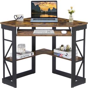 VECELO Corner Computer Desk 41 x 30 inches with Smooth Keyboard & Storage Shelves for Home Office Workstation, Antique Brown