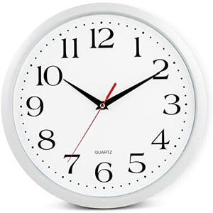 Bernhard Products White Wall Clock Silent Non Ticking, 12 Inch Quality Quartz Battery Operated Round Easy to Read Home/ Office/ Kitchen/ Classroom/ School Sweep Clock, Black Hands