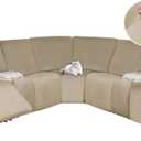HDCAXKJ Reclining Sectional Couch Covers Velvet L Shaped Sectional Sofa Cover Washable Stretch Soft Corner Recliner Slipcover with Non-Slip Elastic Bottom (5 Seat and 2 Middle Console, Dark Beige)