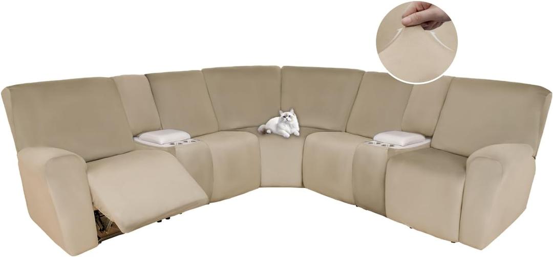 HDCAXKJ Reclining Sectional Couch Covers Velvet L Shaped Sectional Sofa Cover Washable Stretch Soft Corner Recliner Slipcover with Non-Slip Elastic Bottom (5 Seat and 2 Middle Console, Dark Beige)