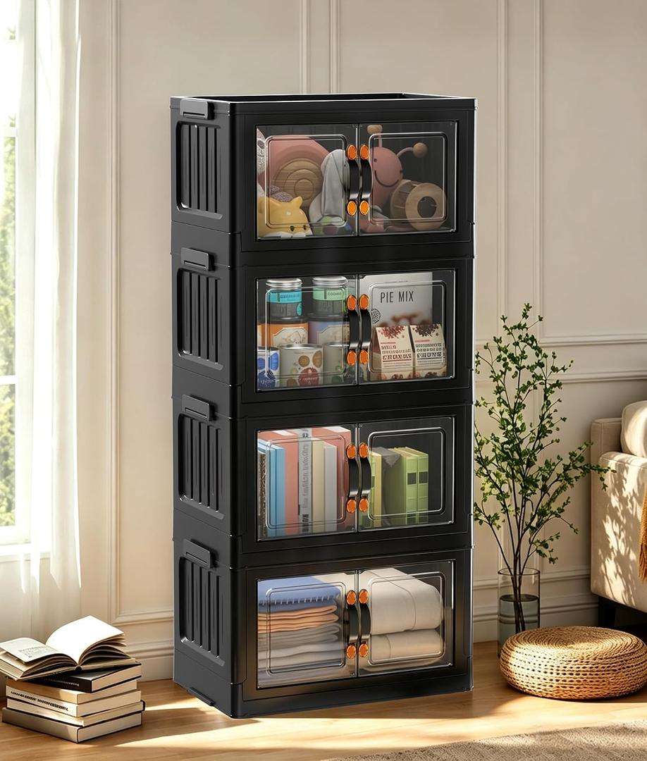 Hanyi 140 QT 4-Tier Storage Bins with Lids, Collapsible Cabinet, Black