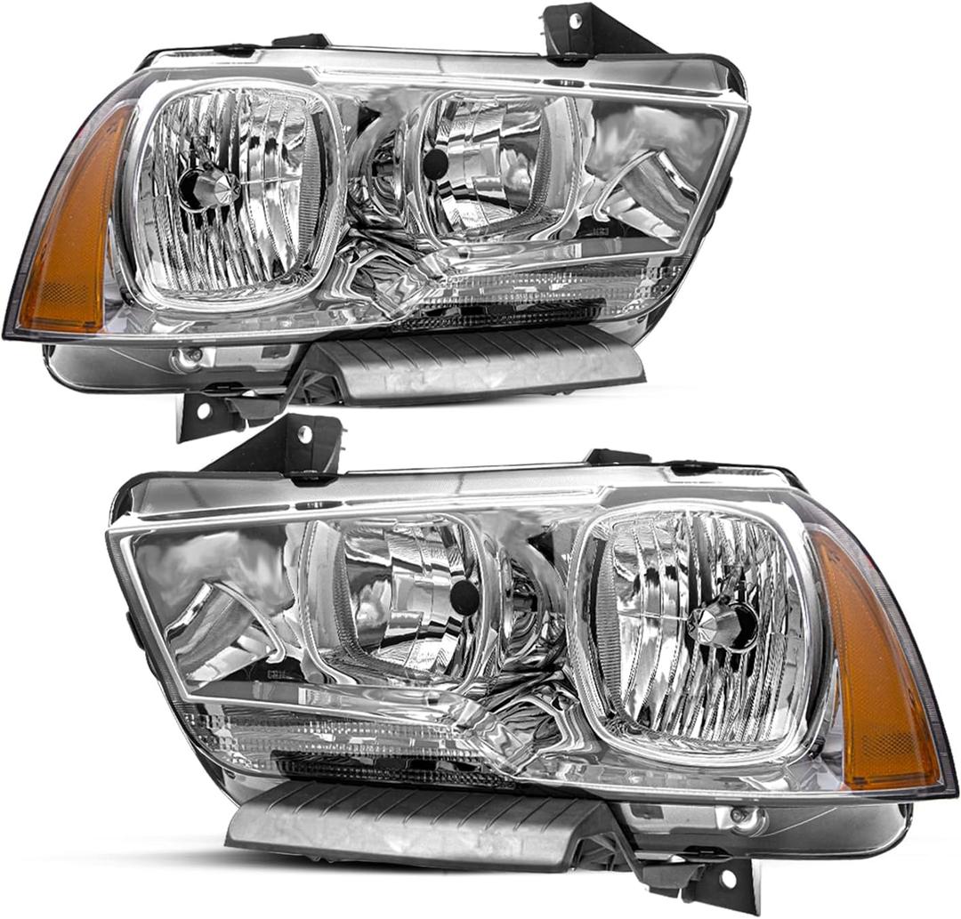 JSBOYAT Halogen Headlight Assembly Replacement for 2011-2014 Dodge Charger R/T SE SRT8 Headlamp Driver and Passenger Side Chrome Housing Amber Reflector (w/o Bulbs)