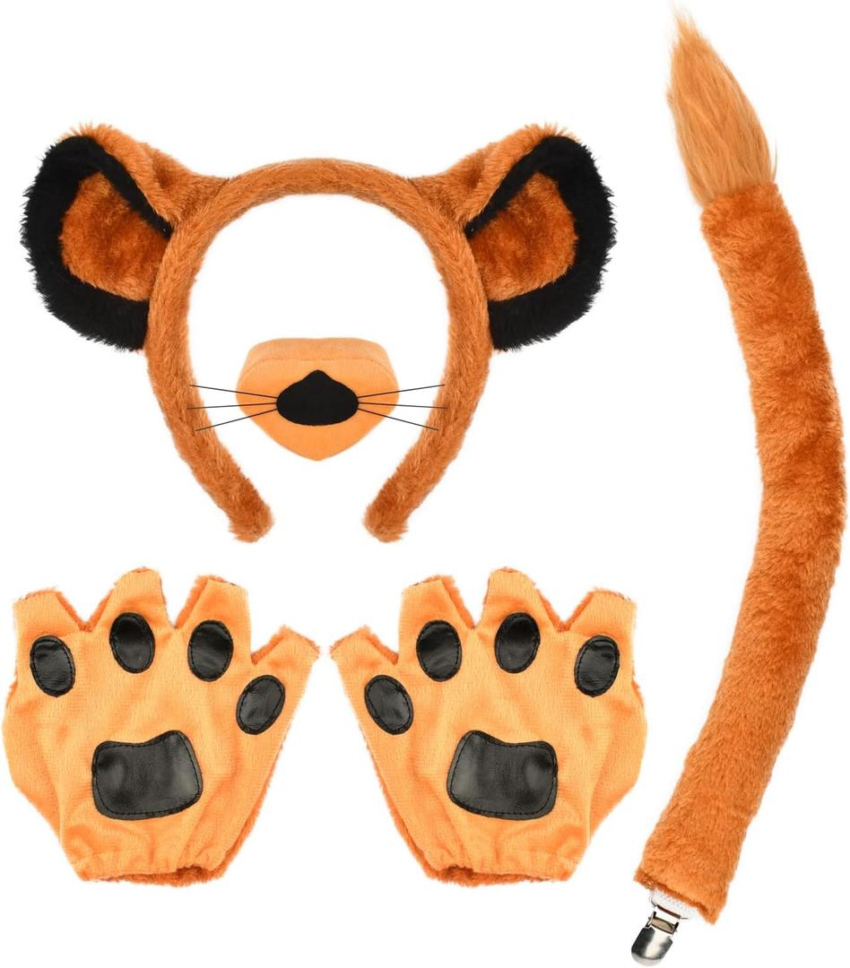 Lion Costume Accessory Set with Ears Headband, Nose, Paw Gloves, Clip-On Tail, Orange and Black, One Size
