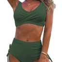 Fanuerg Women's Twist Front High Waisted Bikini Swimsuit Drawstring Tie Side Bottom Two Piece Bathing Suit (Large, Green)