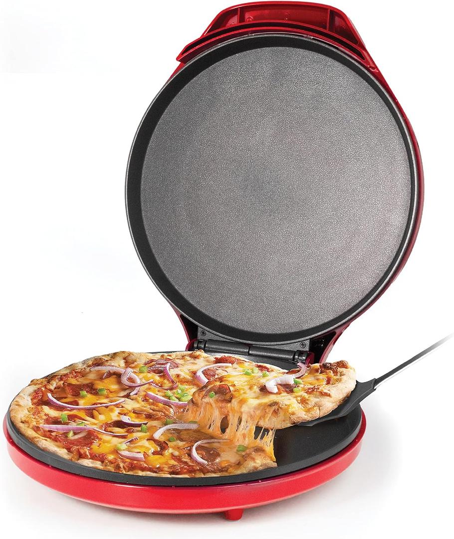 Betty Crocker Pizza Maker Plus, 12" Indoor Electric Grill, Nonstick Griddle Pan for Pizzas, Quesadillas, Tortillas, Nachos and more, 12" Electric Griddle for Delicious Meals and Snacks, Red (Full Size)
