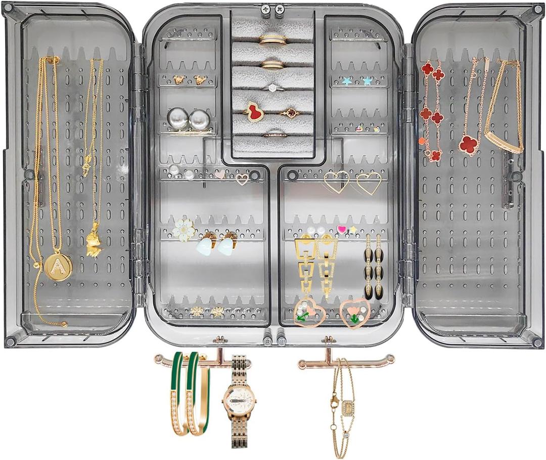 Wall Mounted Jewelry Organizer, No Punching Installation, Hanging Jewelry Organizer Box and Storage Case, Necklace Earring Holder Organizer Wall for Women Teen Girls (Gray Gold)