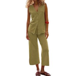 SeekMe Women's 2025 Sweater Set Sleeveless Button Down Vest Wide Leg Pants 2 Piece Outfits Summer Casual Matching Loungewear (Green, S)
