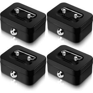 Tandefio 4 Pieces Small Money Box with Lock Metal Cash Box Piggy Bank with Lock and Slot 4.5 x 3.3 x 2 Inch Metal Coin Bank Gifts for Christmas New Year, Without Money Tray(Black)