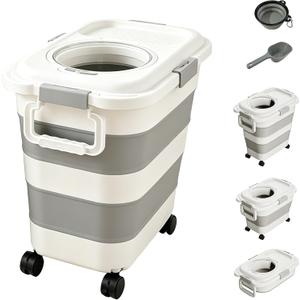 Dog Food Storage Container with Wheels, Foldable Airtight Pet Food Bin with Locking Clips and Transparent Top Lid, Space Saving Storage for Dog Food, Cat Food and Dry Pet Supplies (White)