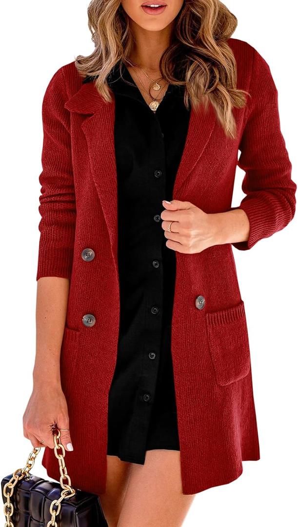 Danedvi Women Open Front Lapel Collar Cardigan Button Down Long Sweaters Cardigan Solid Outerwear Coats (Small, Wine Red)
