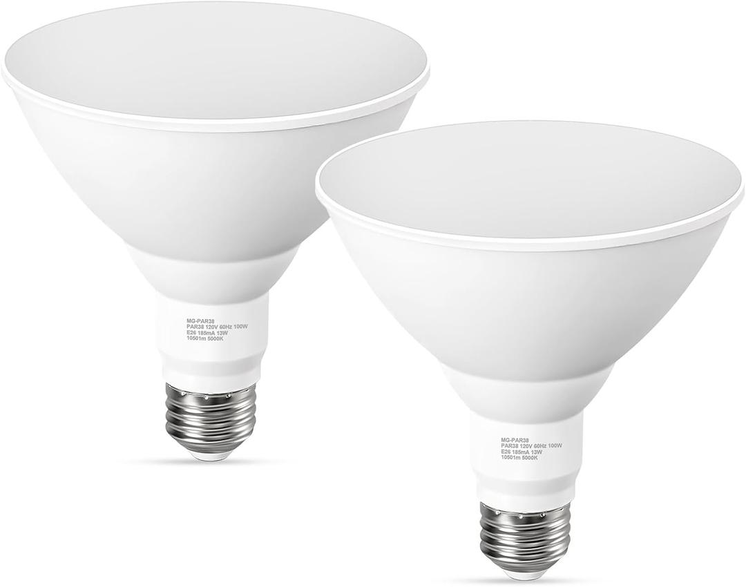 LED Flood Light Bulbs, PAR38 Outdoor Flood Light Bulb 5000K,13W 100W Equivalent, Daylight White LED Floodlight Dimmable, Waterproof for Porch Yard Garage, E26 Base, 15,000 Hrs, 2 Pack