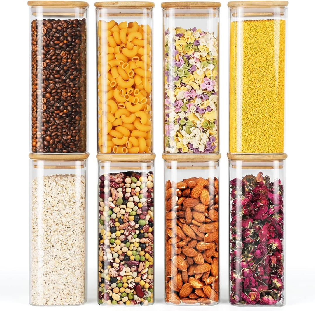 Glass Jars with Bamboo Lids 34 FL OZ, 8 Pack Glass Canisters with Airtight Lid, Square Glass Kitchen Storage Containers for Pasta, Cereal, Coffee, Flour, Sugar, Oats, Beans