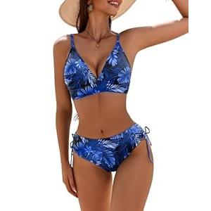 AI'MAGE Bikini Set for Women Triangle Floral Print Bikini Set Two Piece Swimsuit V Neck Bathing Suits Blue Leaves XL