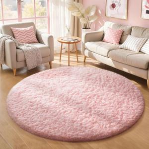 Ophanie Round Rugs 5Ft Pink Circle Area Rug, Fluffy Fuzzy Bedroom Carpet, Plush Soft Shaggy Indoor Floor Kawaii Living Room Rugs for Kids, Cute Room Decor for Teen Girls Home Decor Aesthetic, Nursery