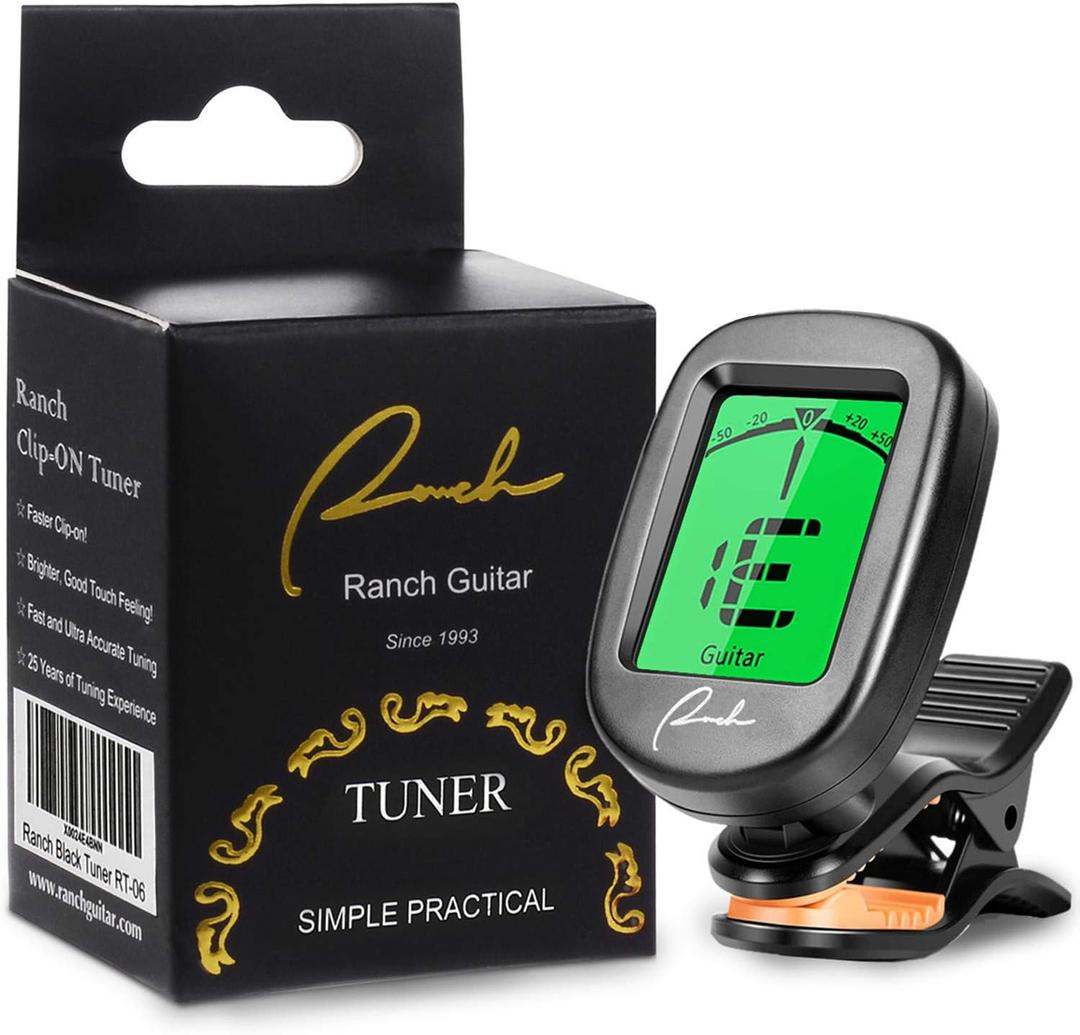 Ranch Guitar Tuner Clip On for Acoustic/Electric Guitar, Ukulele, Violin, Bass, Banjo - Fast & Accurate Chromatic Tuner with Noise Immunity Durable String Instrument Tuners - Classic Black