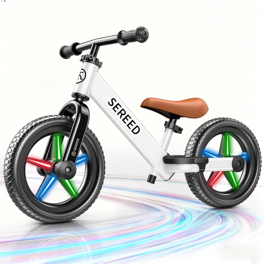 SEREED Toddler Balance Bike 2 Year Old, No Pedal Kids Bicycle Toys for 2-5 Years Old, Tool-Free Adjustment, Customize Plate with Stickers, Gift for 2-3 Boys Girls (White Lighting)