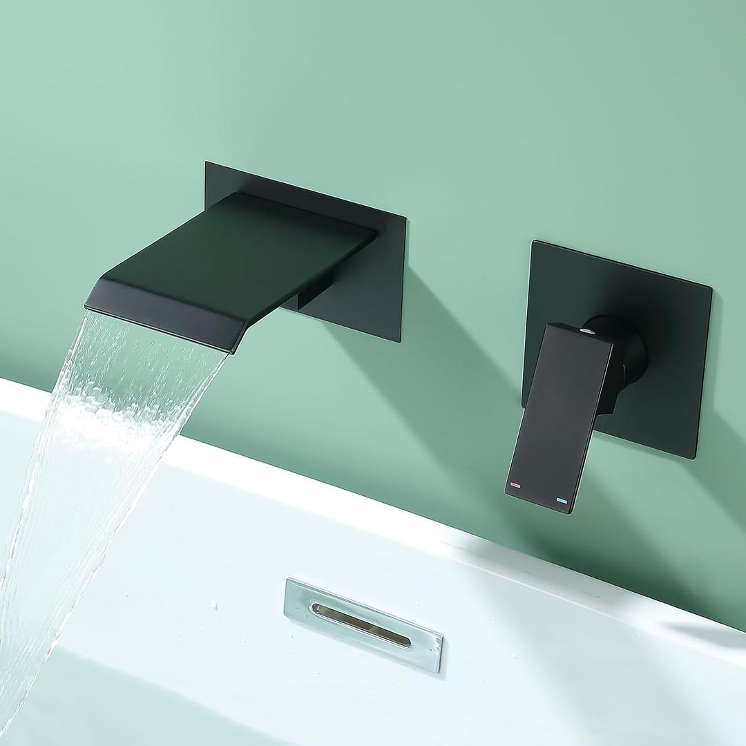 Wall Mount Bathtub Faucet Bathroom Tub Faucet Waterfall Tub Filler Set SUS304 Stainless Steel & Brass Bath Sink Single HandleSpout, Handle, Rough-in Valve Included Matte Black, SS3SH1-BK