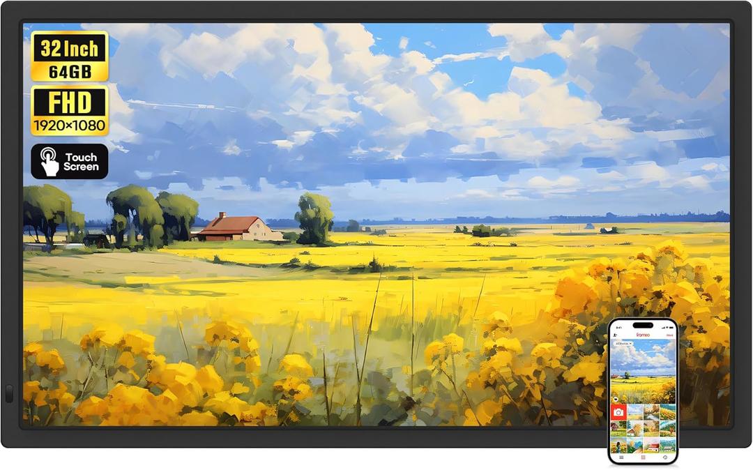 Frameo 32" Extra Large Digital Picture Frame, Smart WiFi Photo Frame with 1920x1080 FHD IPS Touch Screen 64GB Memory, Support Wall Mounted Auto-Rotate USB&SD Card, Share Photos/Videos Instantly