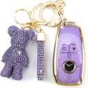 Rayslesan Cute Key Fob Cover with Rhinestone Bear Charm, Bling TPU Smart Key Case for Women, Compatible with Benz A C E S G GLA GLC GLE GLS CLA CLS GT (4-Button, Purple-Gold)