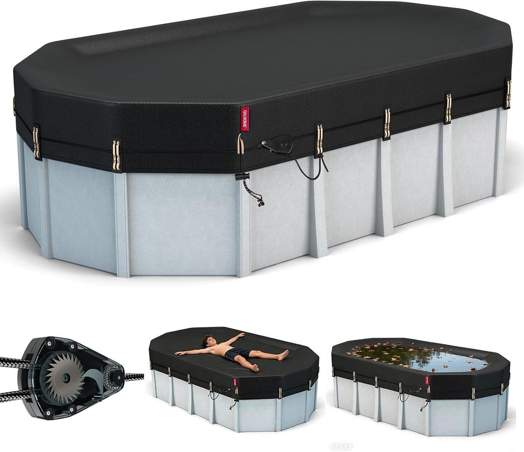 QH.HOME 15x30 Ft Oval Pool Cover for Steel Wall Pool,[Ultimate Windproof & Tear-Resistant Fabric],Snug Fit with Patented Ratchet & Weight Rings, Blocks Leaves &Waterproof