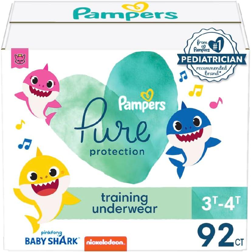Pampers Training Pants - Pure Protection - Size 3T-4T, 92 Count, Baby Shark Premium Hypoallergenic Potty Underwear