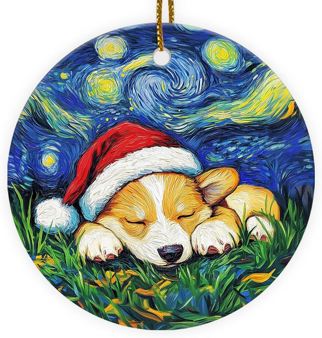 2 x Corgi Christmas Ornament, Starry Night Corgi Dog Hanging Ornaments 2025, Glossy Printed Ceramic Keepsake, Christmas Funny Gifts for Women Men Pet Lovers, Dogs Themed Tree Decorations (03. Corgi Vangogh)