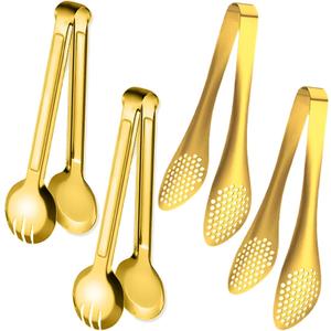 4 PCS Serving Tongs 9 Inch Buffet Tongs Stainless Steel Serving Utensils for Salad Buffet Appetizer Dessert Food Parties, Gold