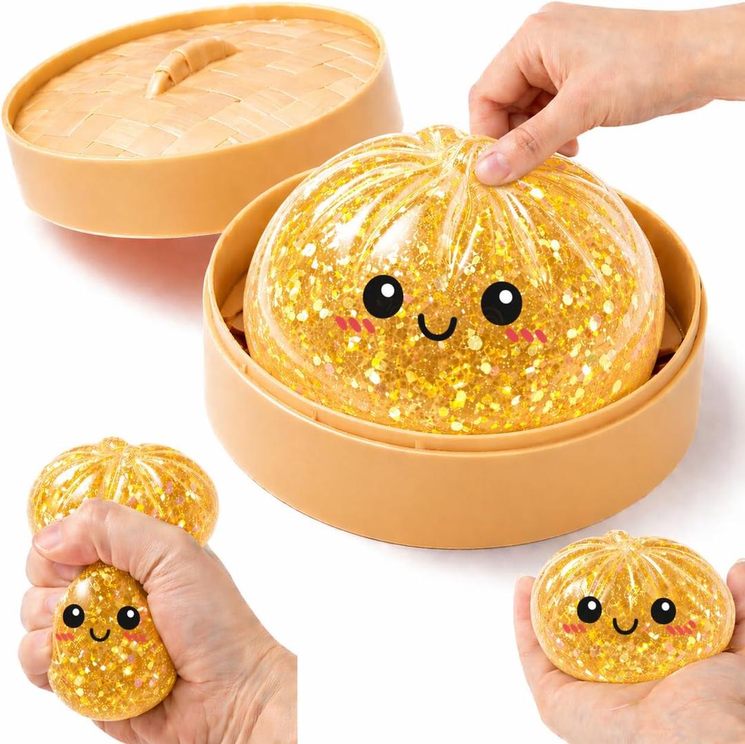Glitter Dumpling Squishy Toy Box Gaint Squishy Dumplings Squishies Fidget Toys Real Adults Anxiety Relief Squeeze Toy for Adults & Teens, Glitter Gold
