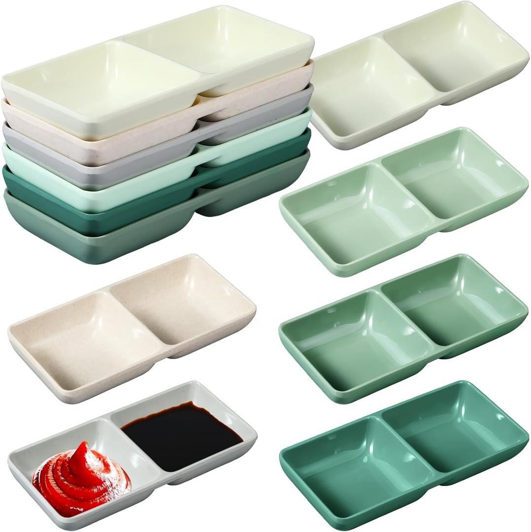 Gejoy 12 Pcs Dual Dipping Sauce Bowls Soy Sauce Dish Bowls Two Compartments Party Trays Divided Fondue Plates for Restaurant Kitchen Sushi Soy (Multicolor)