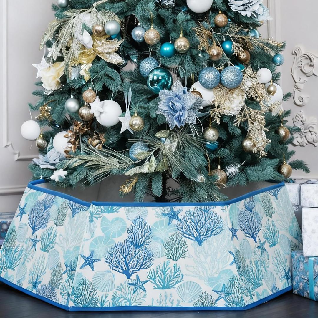 Soulchen 31.5 Inch Coastal Christmas Tree Collar Starfish Ocean Beach Blue Hexagon Fabric Collapsible Skirt Xmas Tree Collar for Artificial Trees Festive Holiday Nautical Decoration