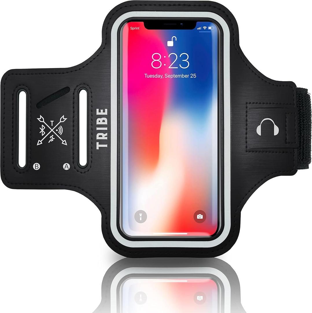 TRIBE Water Resistant Cell Phone Armband Case Running Holder for iPhone Pro Max Plus Mini SE (13/12/11/X/XS/XR/8/7/6/5) Galaxy S Ultra Plus Edge Note (21/20/10/9/8/7/6/5) Adjustable Strap & Key Pocket (Black)