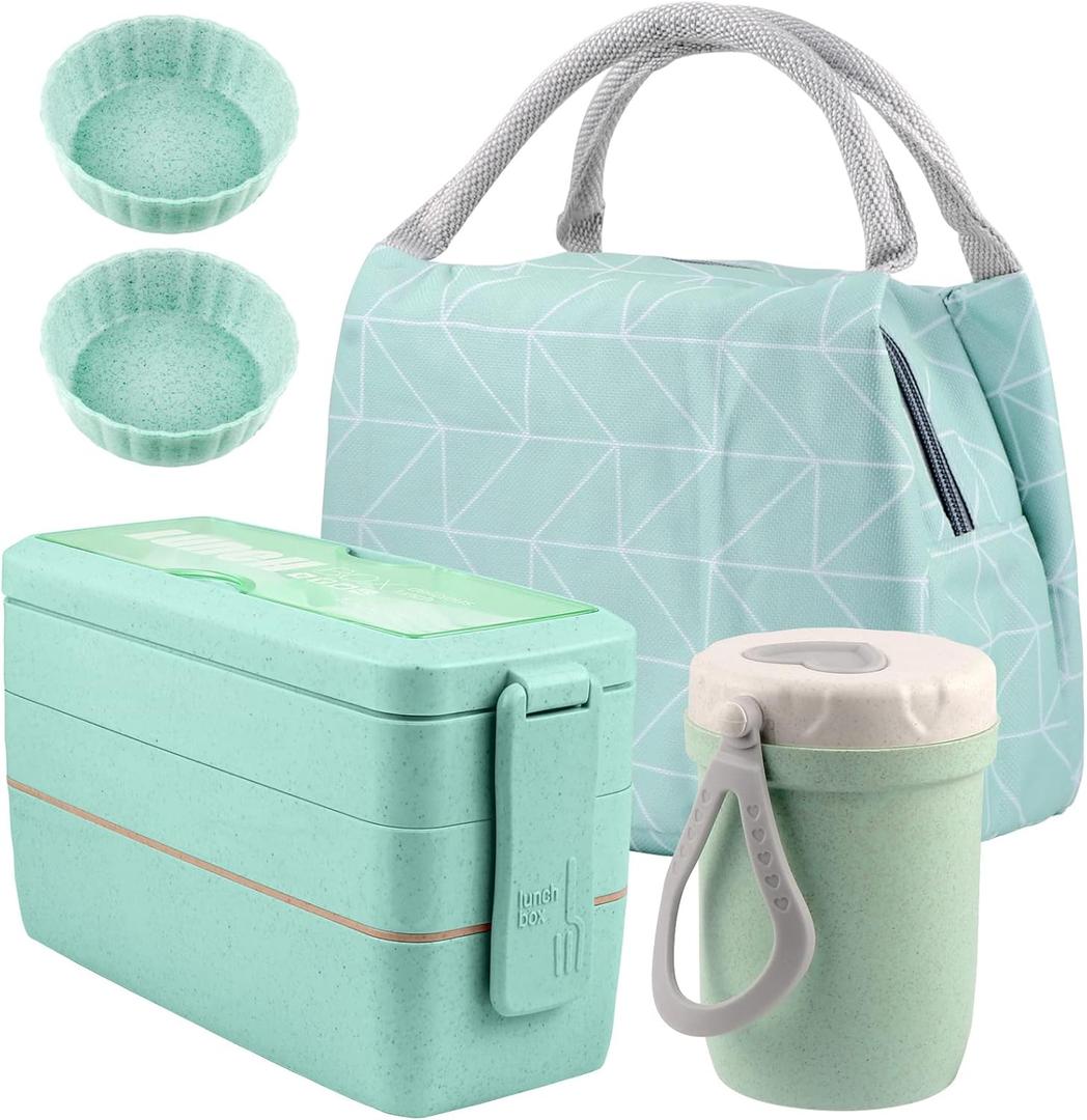 Iteryn Stackable Bento Box Kit, 3-Compartment Japanese Lunch Containers, Wheat Straw, All-in-1 Bento Lunch Box for Adult Meal Prep Snack (Green)