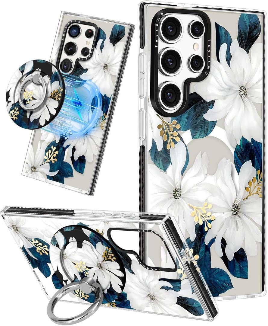 Lotadilo for Samsung Galaxy S24 Ultra Case for Women - Girls Cute Design Compatible with Magsafe Magnetic Ring Holder Stand Blue Flower Phone Covers Aesthetic Girly TPU Funda for S24 Ultra