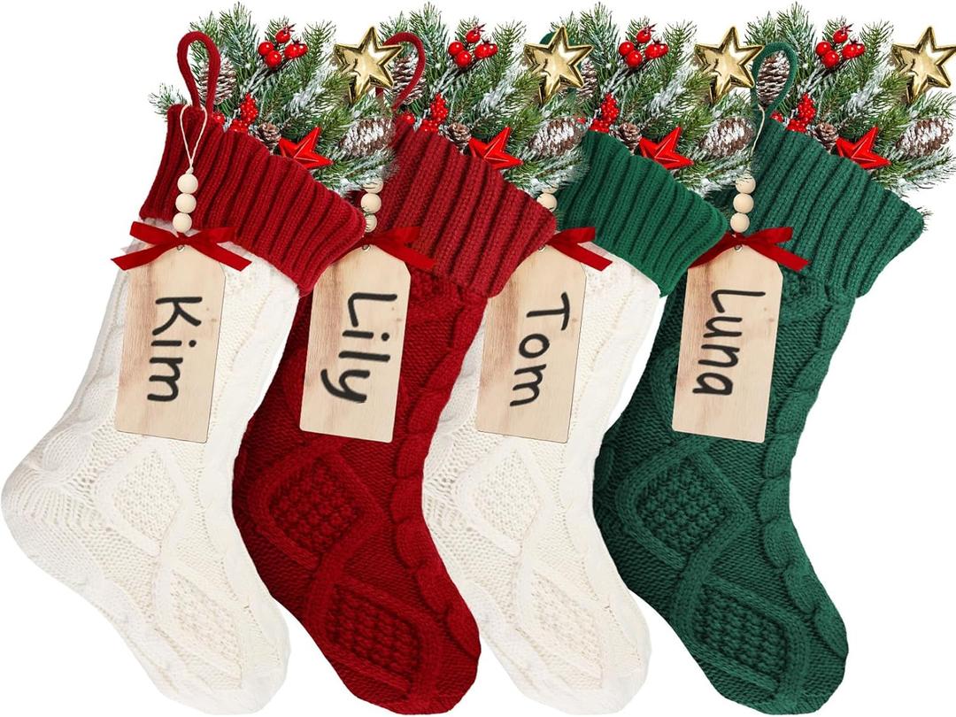 Aoriher Large Christmas Stockings with DIY Name Tags, 18 Inch Knitted Stockings Xmas Stocking Decorations with Christmas Stocking Tags for Family Decor(Style B,Red White Green)