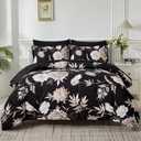 Yogeneg 7 Piece Bed in a Bag Queen Comforter Set Botanical Floral Bedding Set,Flower Leaves Brids Printed on Black Reversible Design,Soft Microfiber Comforter with Sheet Set,All Season(Black B,Queen) (Black Floral Leaves)