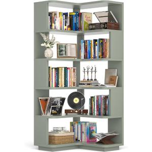 Armocity Corner Book Shelf - 6 Tier Corner Bookshelf Etagere Bookcase with Baffle, Freestanding L Shaped Display Shelf Stand for Home Office, Living Room, Bedroom, Kitchen, Crab Green