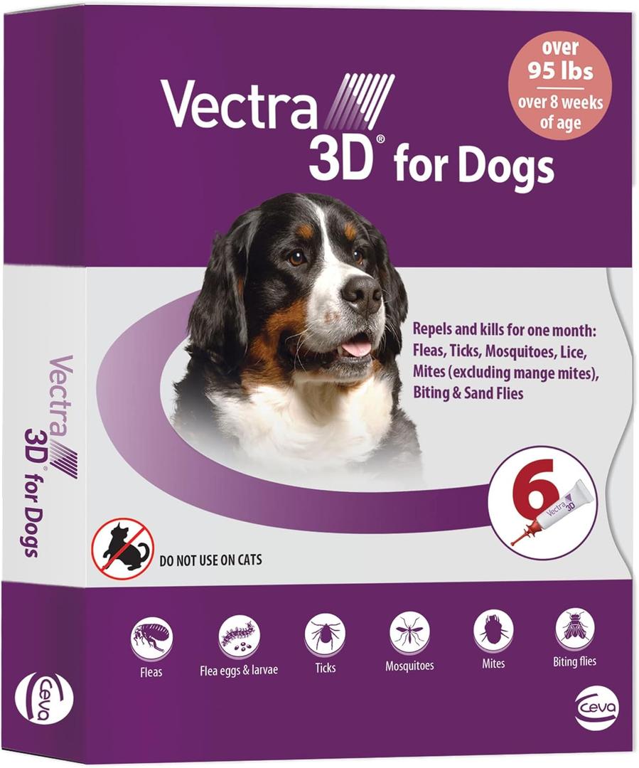 Vectra 3D Flea and Tick Prevention for Dogs, Kills and Repels Fleas, Ticks & Mosquitoes | FastActing, Waterproof, No Prescription Needed | Extra Large Dogs Over 95 lbs, 6Month Supply