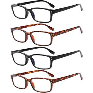 Kerecsen 4 Pack Reading Glasses for Men and Women with Spring Hinges, Lightweight Black Rectangular Readers Eyeglasses (2 Black 2 Tortoise, 3.50)