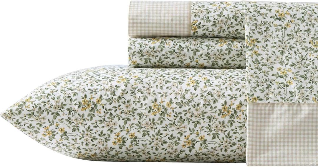 Laura Ashley - Queen Sheet Set, Breathable Percale Cotton Bedding with Deep Pockets, Chic Home Decor, Oeko-Tex Certified (Tierney Green, Queen)