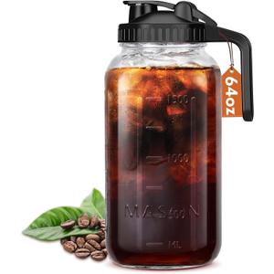 Glass Pitcher with Lid, 64 OZ Mason Jar Pitcher Double Leak Proof, 2 Quart Breast Milk Storage Containers for Fridge, Wide Mouth Glass Jar for Sun Tea, Juice, Cold Brew Coffee (Black)