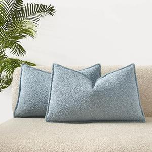 JUSPURBET Light Blue Boucle Broadside Lumbar Throw Pillow Covers 12x20 inch Set of 2 for Couch Bedroom Sofa Living Room Decorative Soft Textured Cushion Covers with Hidden Zipper