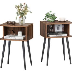 Nightstand Set of 2, Small Bed Side Table for Small Spaces, Mid Century Modern Nightstand End Table with Open Storage, Side Table for Bedroom Living Room, Walnut Brown MLBZ20R-2