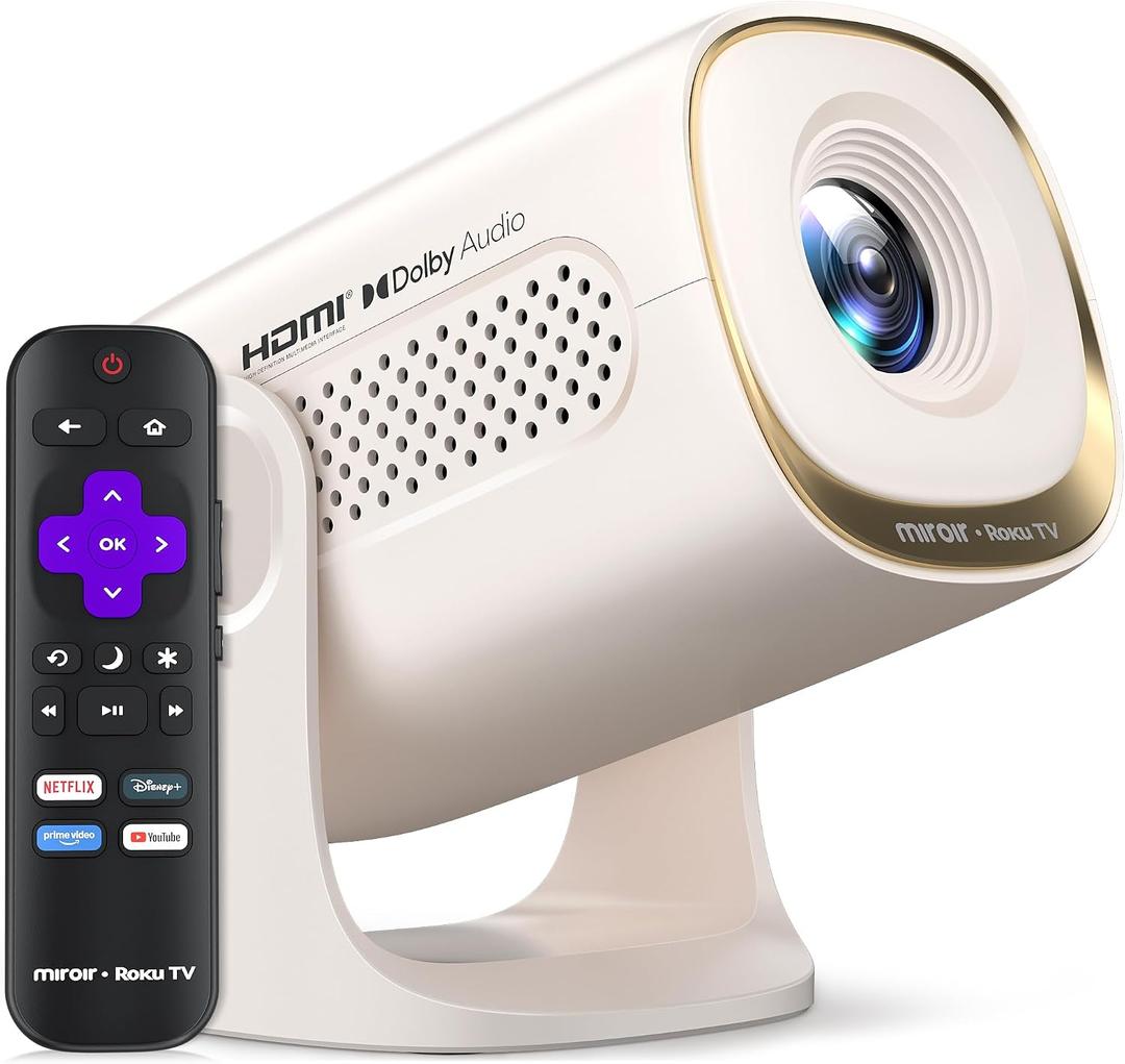 Miroir Roku TV Smart Projector with WiFi and Bluetooth, 150 ANSI, Dolby Audio, 270° Rotatable Stand, Auto Keystone & Zoom — Portable Mini Outdoor Movie Projector with Roku Streaming Built-in