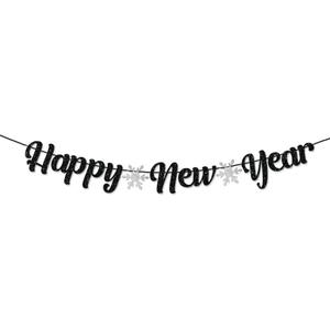 Happy New Year Black Banner for Party Sign, Eve/Christmas/Holiday Decorations Supplies