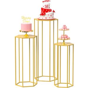 Wokceer Hexagon Pedestal Stand Cylinder Stands for Party 35.43" Set of 3 Nesting Display Cylinder Tables for Parties Wedding Living Room Patio Decor Gold