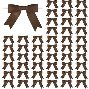 Meseey 50 Pcs 3 Inches Grosgrain Ribbon Twist Tie Bows Brown Pretied Bows Premade Craft Bows for Treat Bags Gift Wrapping Basket Wedding Baby Shower Brithday Valentine's Day Christmas Party (Brown)
